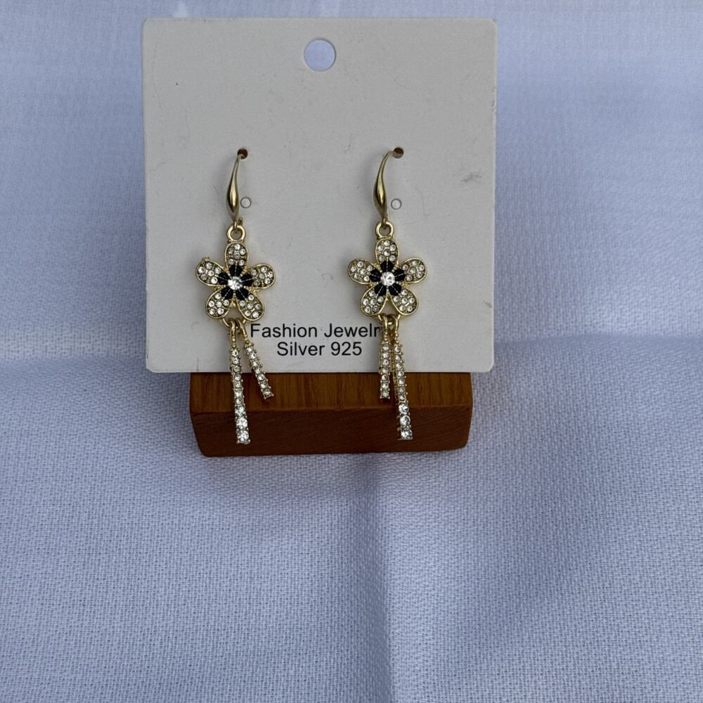 Vintage 925 Sterling Gold Tone Flower Dangle Drop Earrings Rhinestone Hook Back